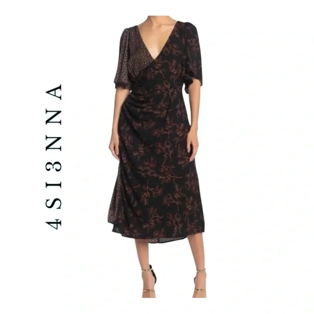 1499.‎ 4SI3NNA ANTOINETTE FLORAL COLORBLOCK MIDI LENGTH DRESS MEDIUM PINK/BLACK